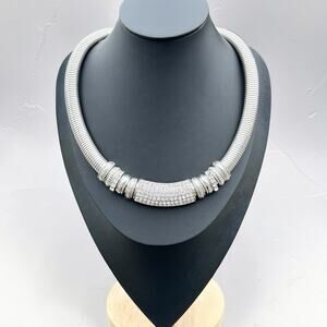 Silver Tone Snake Chain Necklace Clear Rhinestone Omega Cobra Layering Jewelry